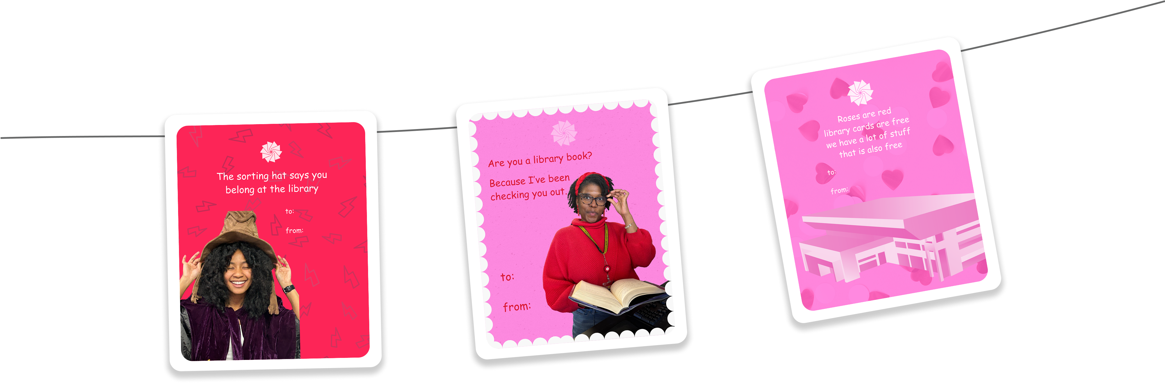 Various library themed valentines hanging from a wire