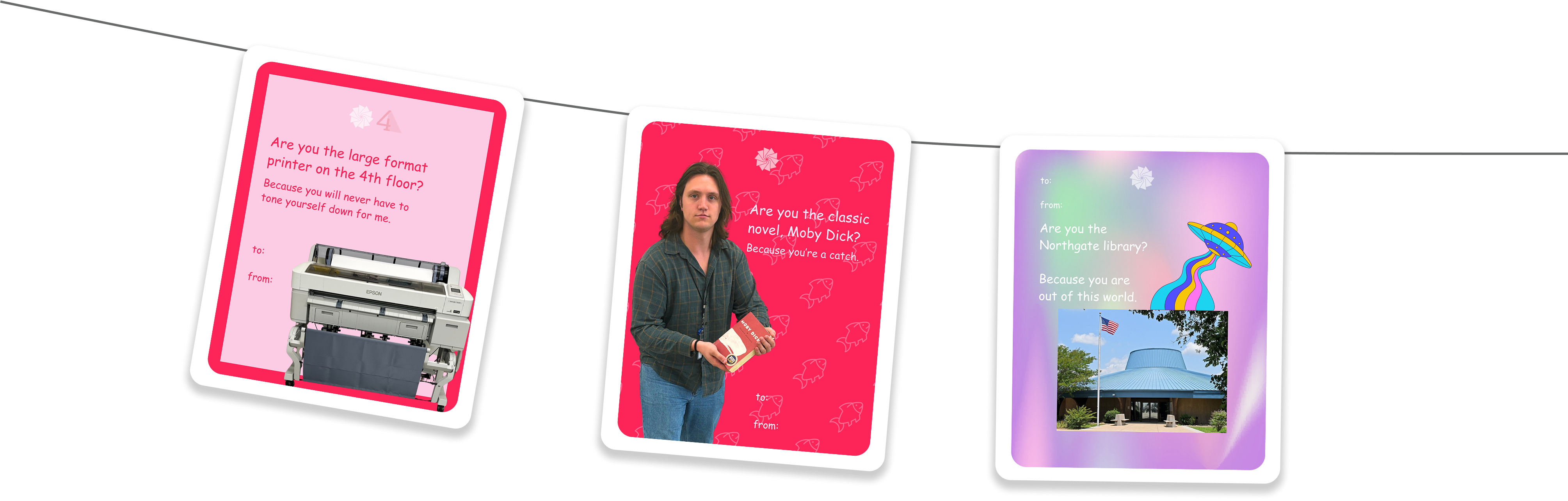 Various library themed valentines hanging from a wire